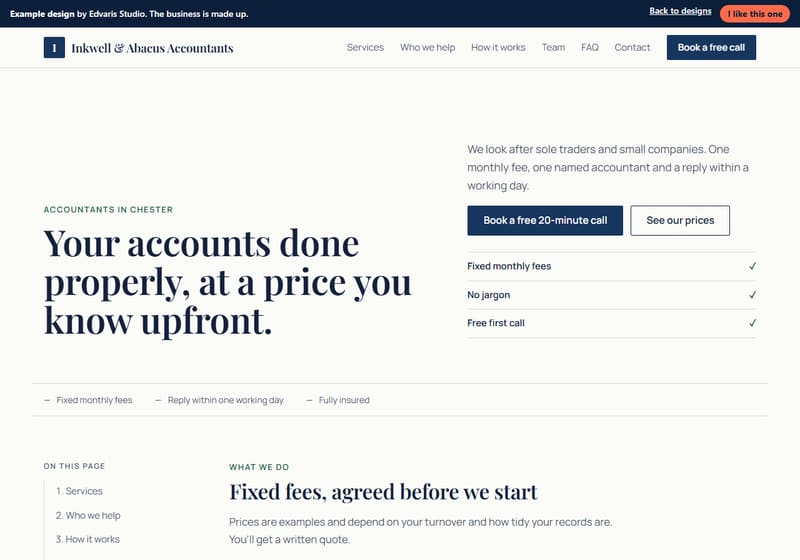 Example design for a made-up accountants business