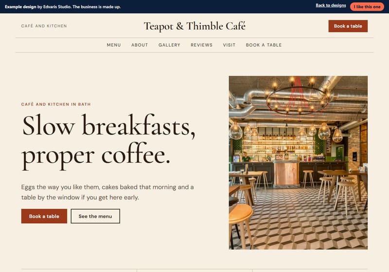 Example design for a made-up café and kitchen business