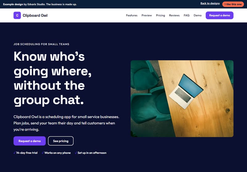 Example design for a made-up software startup business