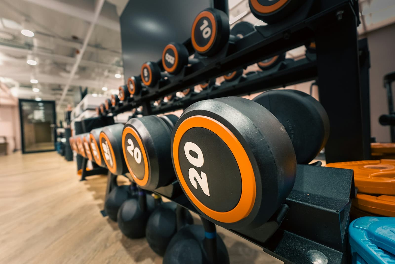 Racks of rubber dumbbells